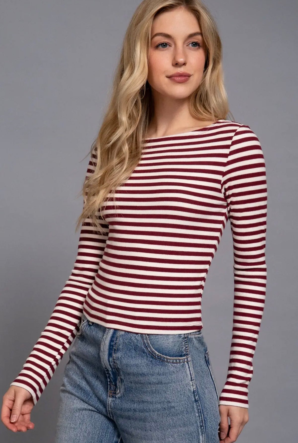 Long Sleeve Boat Neck Striped Top