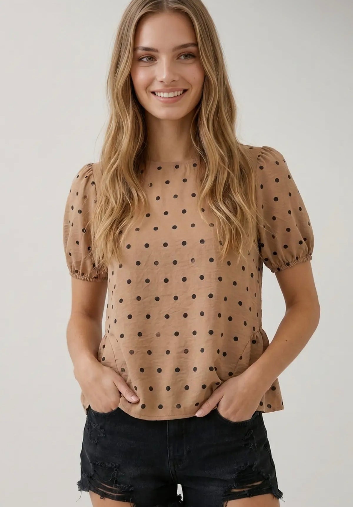 Polka Dot Peplum Blouse Tan