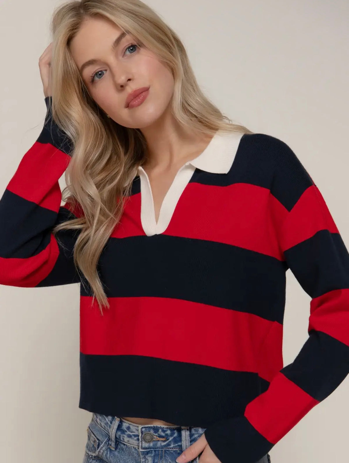 Long Sleeve Rugby Stripe Polo Sweater