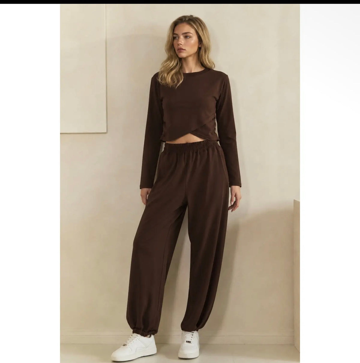 Brown Cropped Crossover Long Sleeve Top