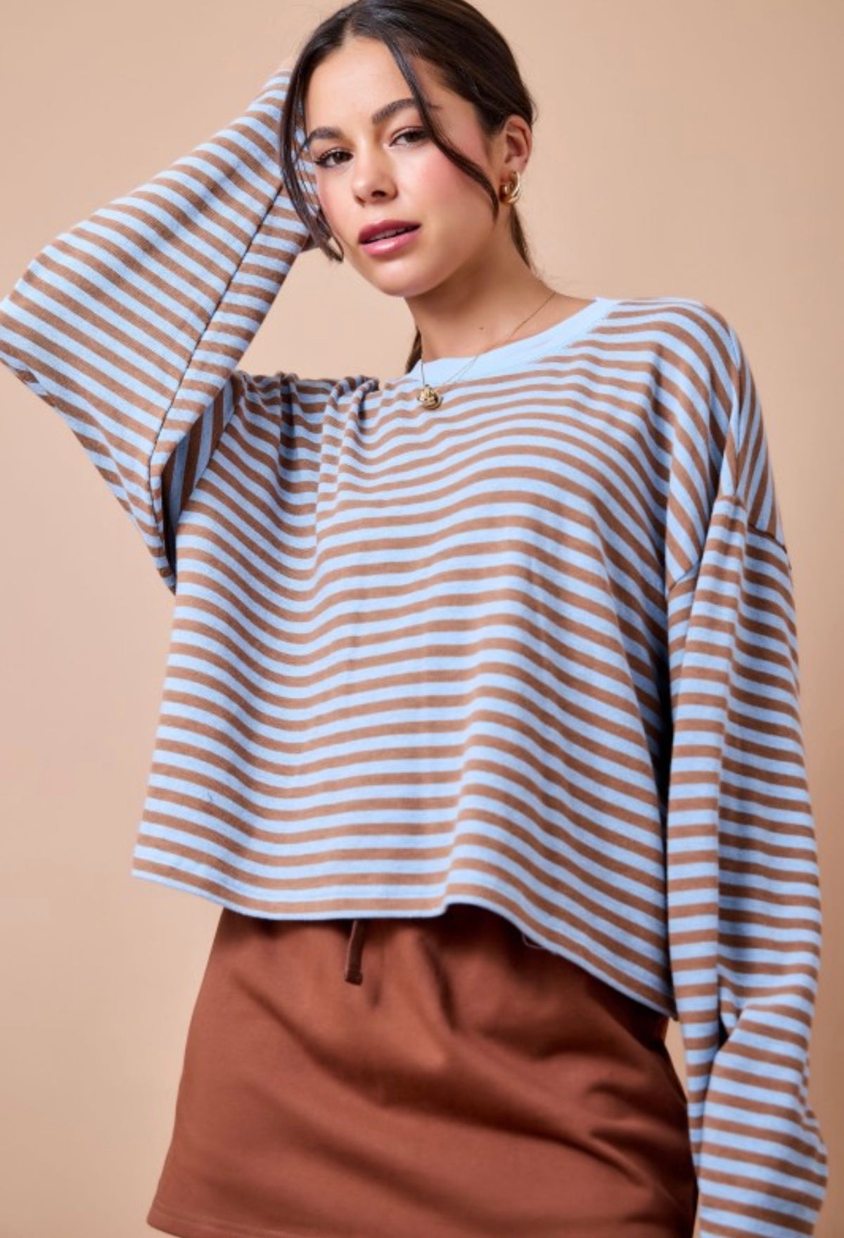 Striped Knit Drop Shoulder Long Sleeve Top