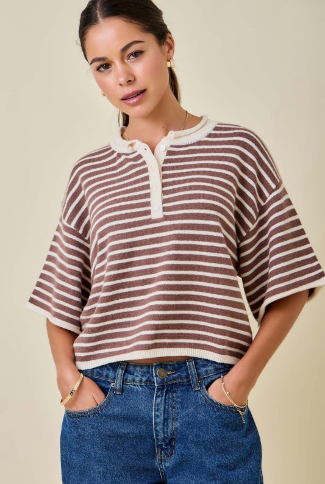 Brown/Ivory Striped Short Sleeve Henley Knit Top