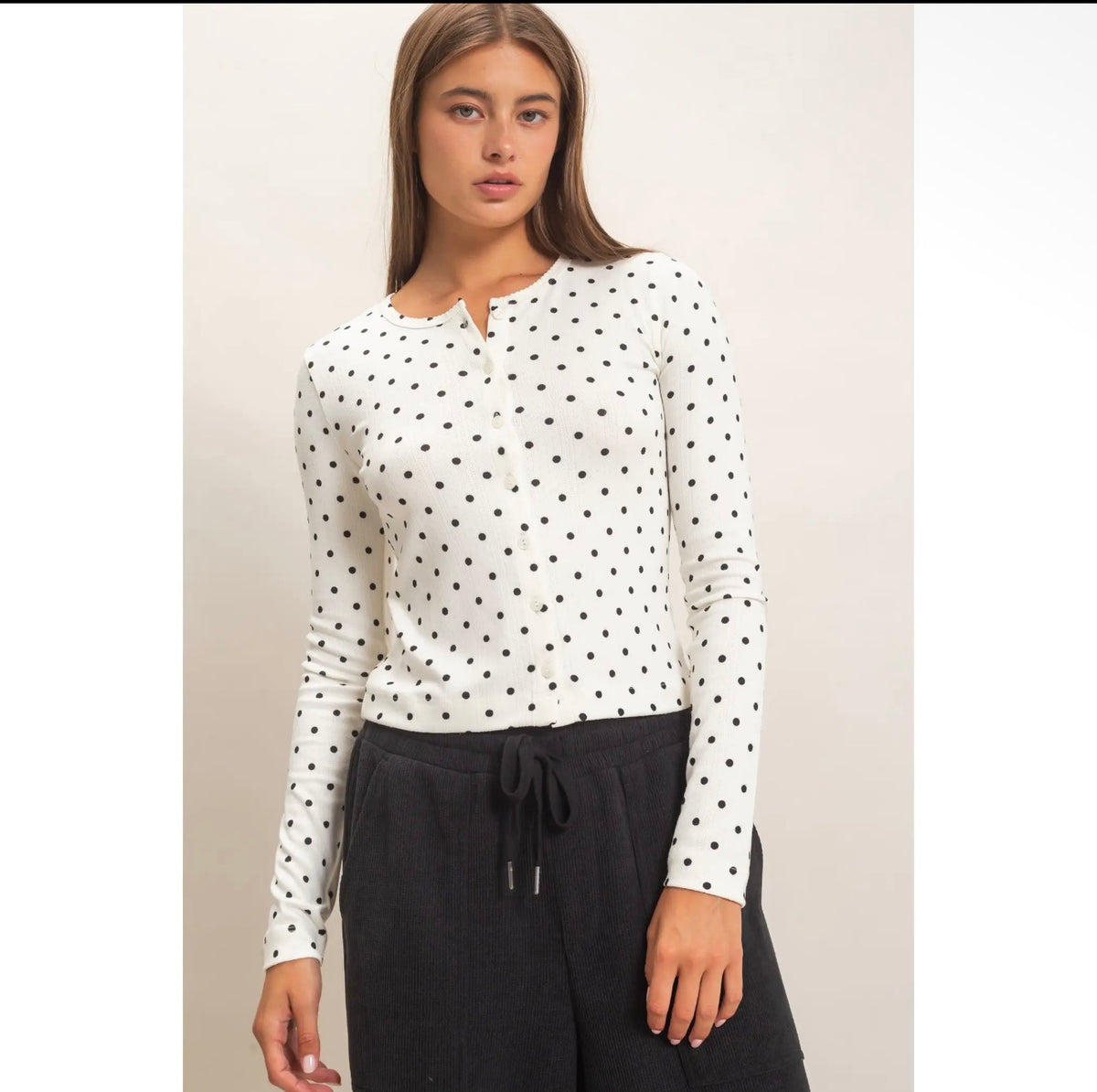 Cream Polka Dot Button Front Long Sleeve