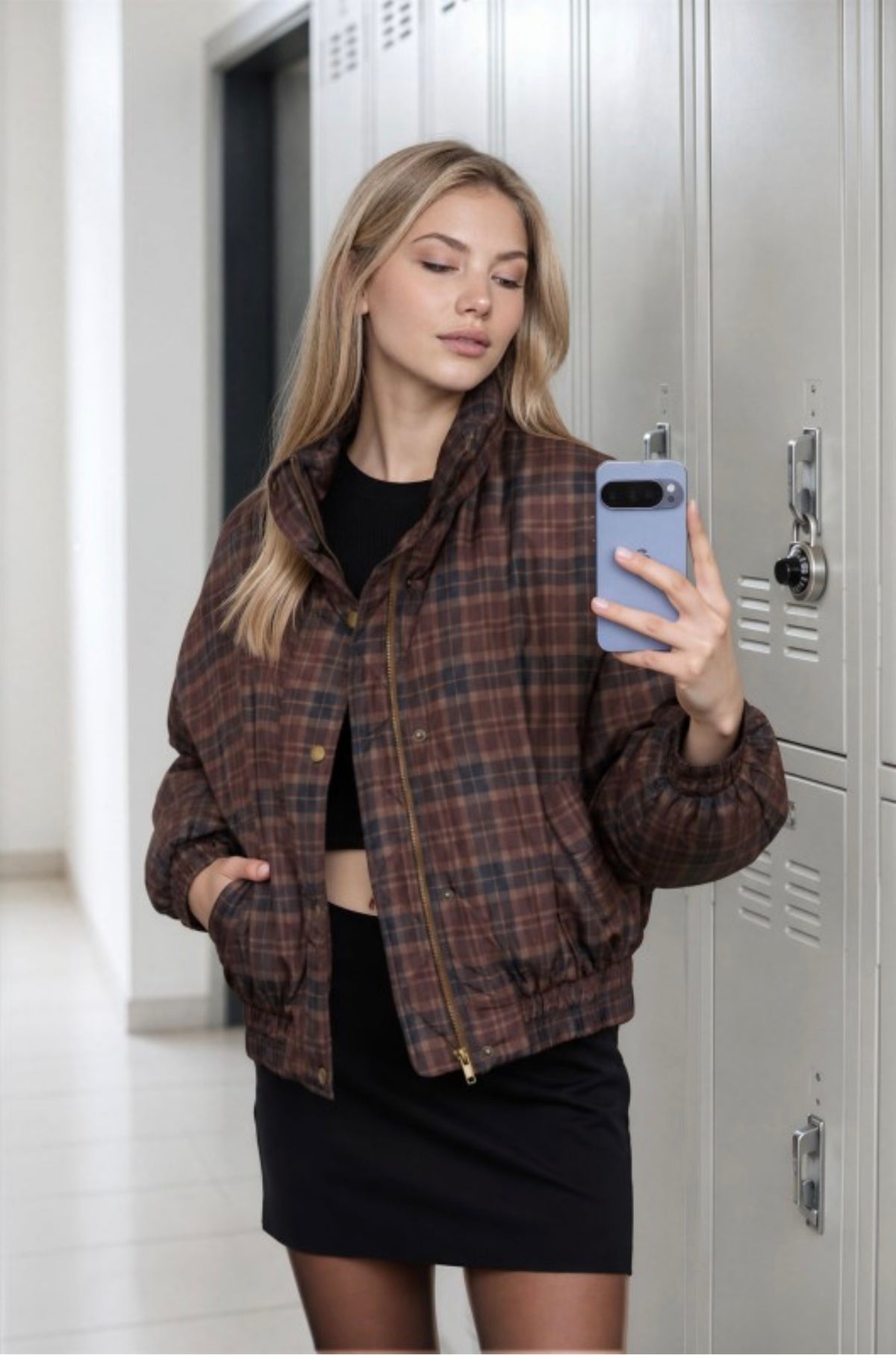 Plaid Snap Front Mock Neck Puffer Jacket