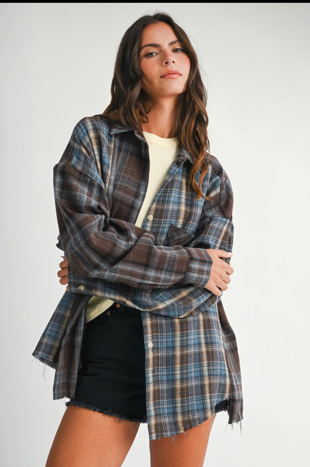 Brown Oversized Plaid Flannel Shirt