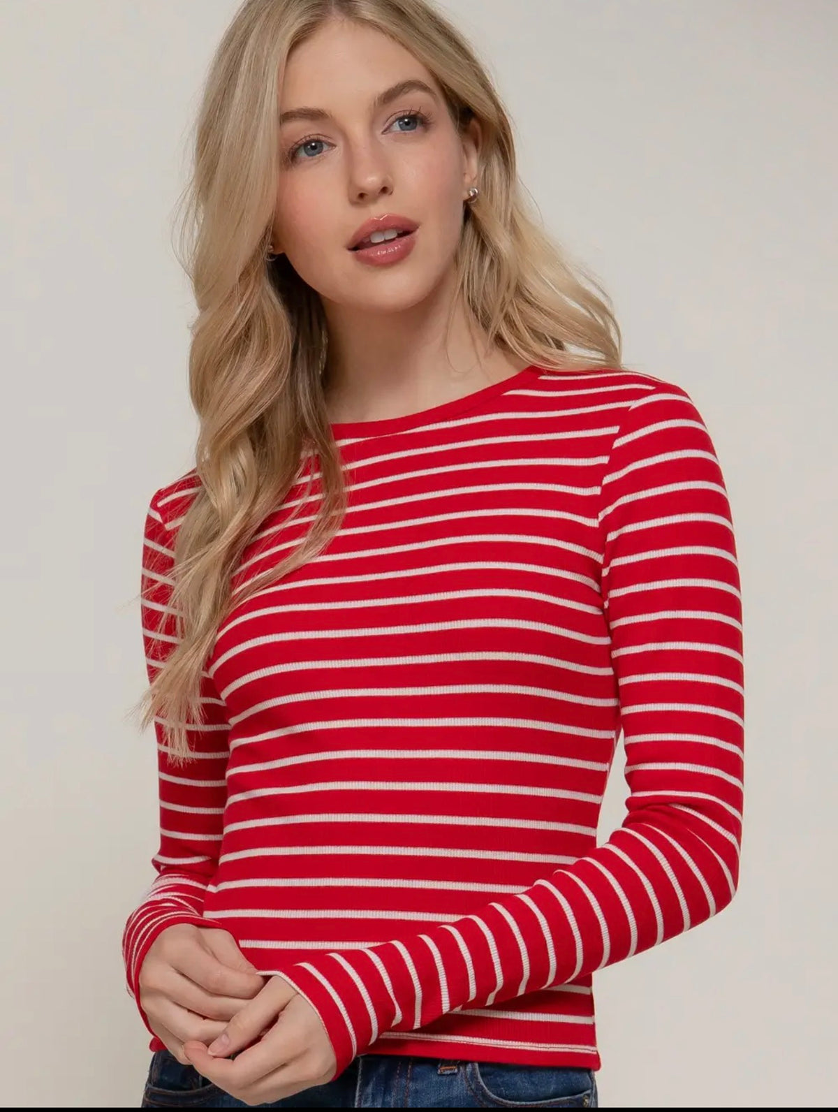 Long Sleeve Red Striped Knit Top