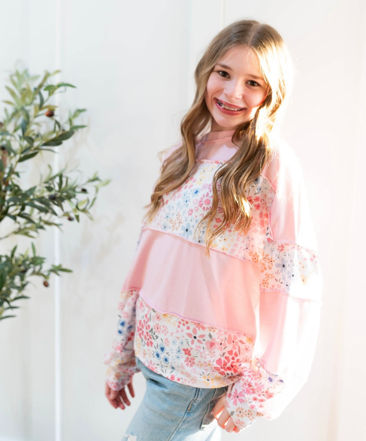 Floral &amp; Pink Striped Long Sleeve Top
