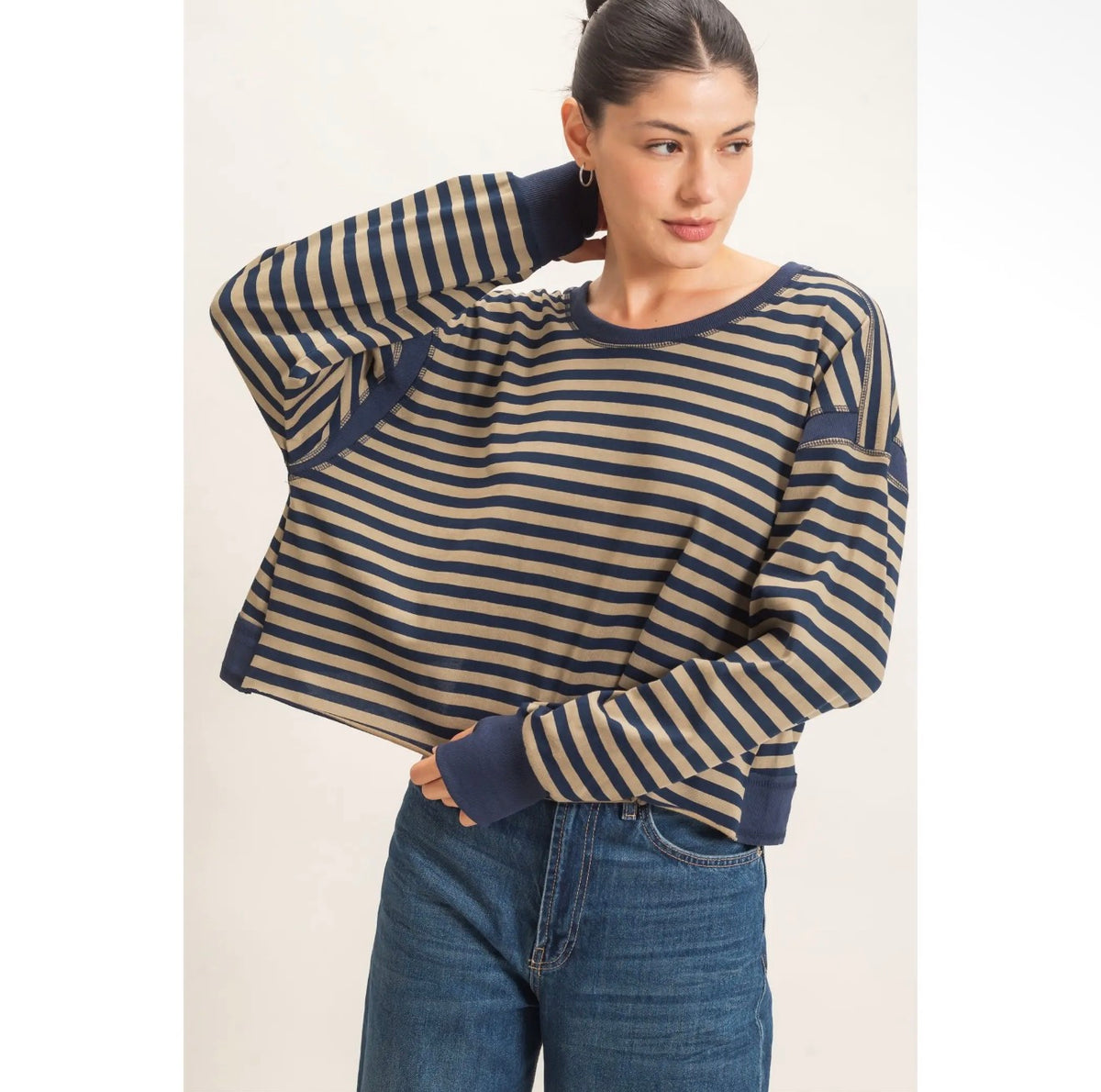 Striped Long Sleeve Navy Cross Back Tee
