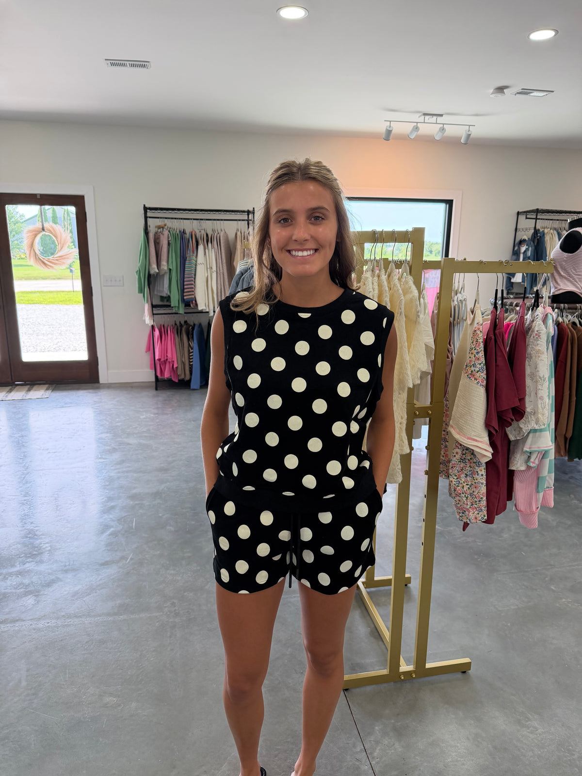 Black and White Polka Dot Crew Sleeveless Crew Neck