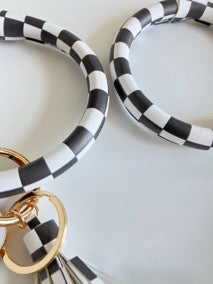 Checkerboard Bangle Bracelet Keyring With Tassel