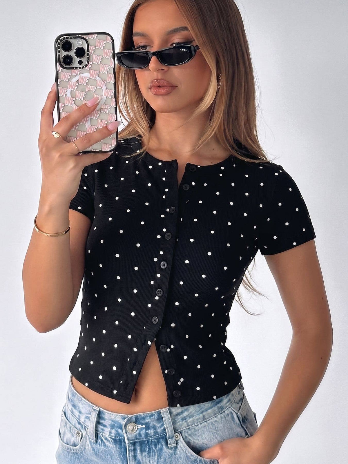 Ribbed Polka Dot Fitted Short Sleeve T-Shirt: White