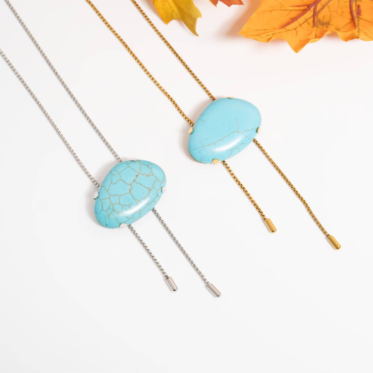 18K Gold PVD Stainless Steel Turquoise Charm Bolo Necklace: Gold