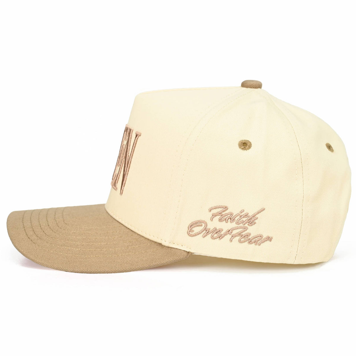 C.C AMEN Embroidered Letter Two Tone Trucker Hat: Beige