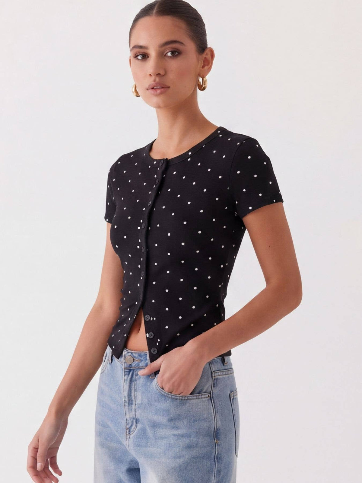 Ribbed Polka Dot Fitted Short Sleeve T-Shirt: Red