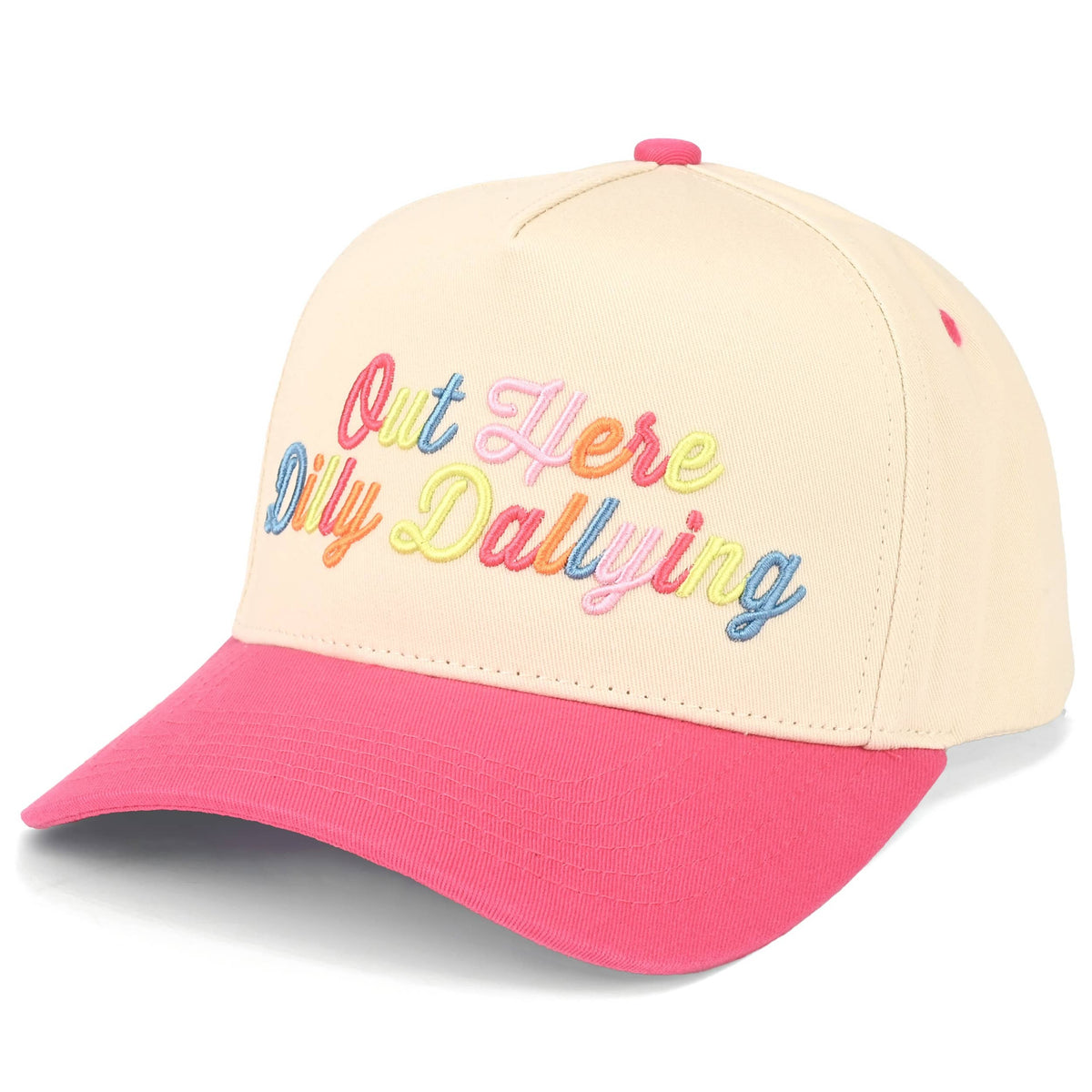C.C OUT HERE DILLY DALLYING Letter on Two Tone Trucker Hat: Hot Pink