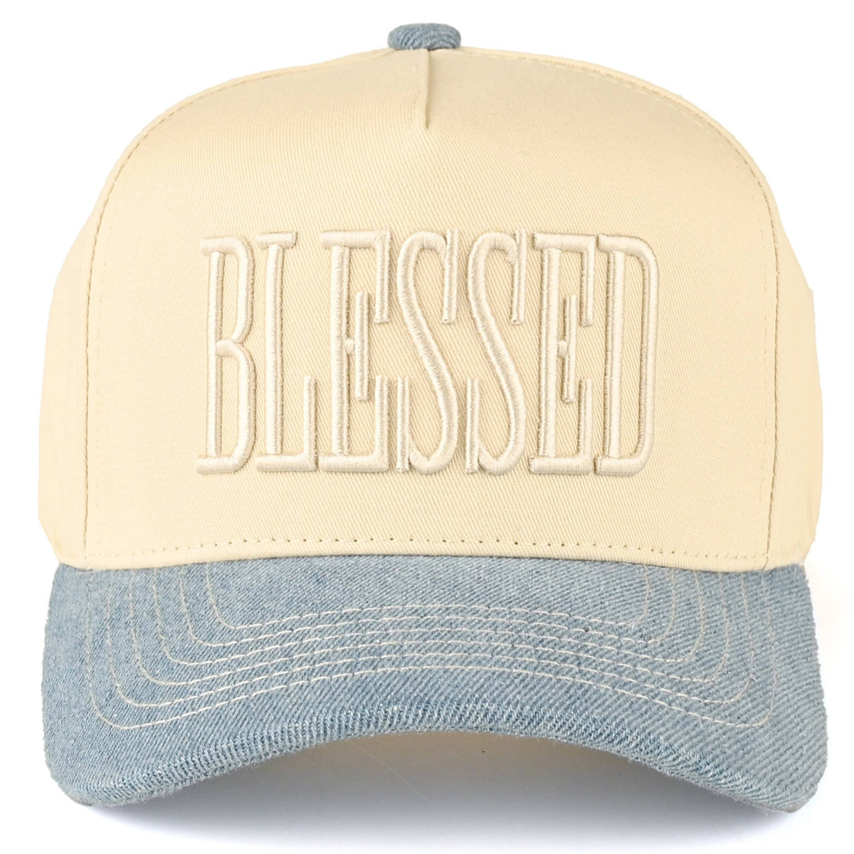 C.C BLESSED Letter Embroidered Two Tone Trucker Cap: Denim