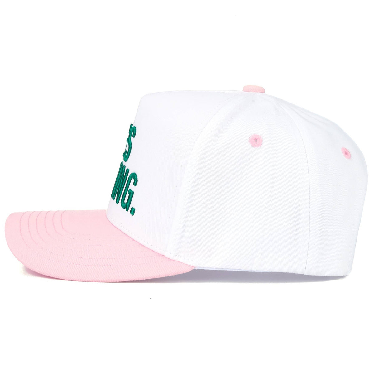 C.C HE'S GOLFING Letter Embroidered on Two Tone Trucker Hat: Light Pink