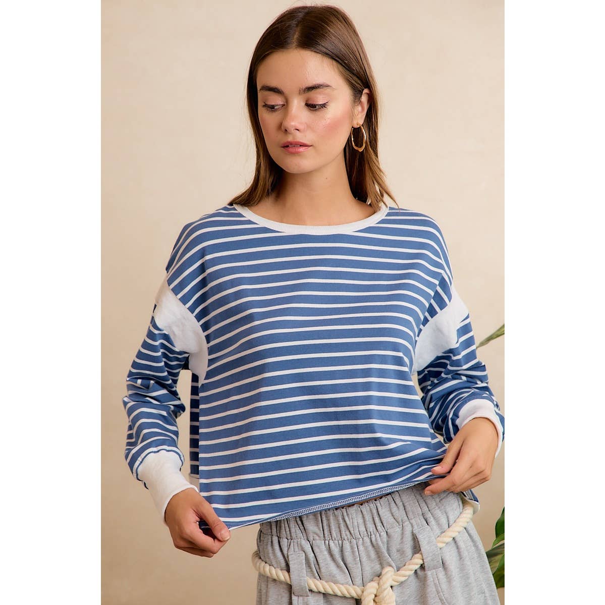 STRIPE OPEN BACK LONG SLEEVES TOP: HUNTER/IVORY