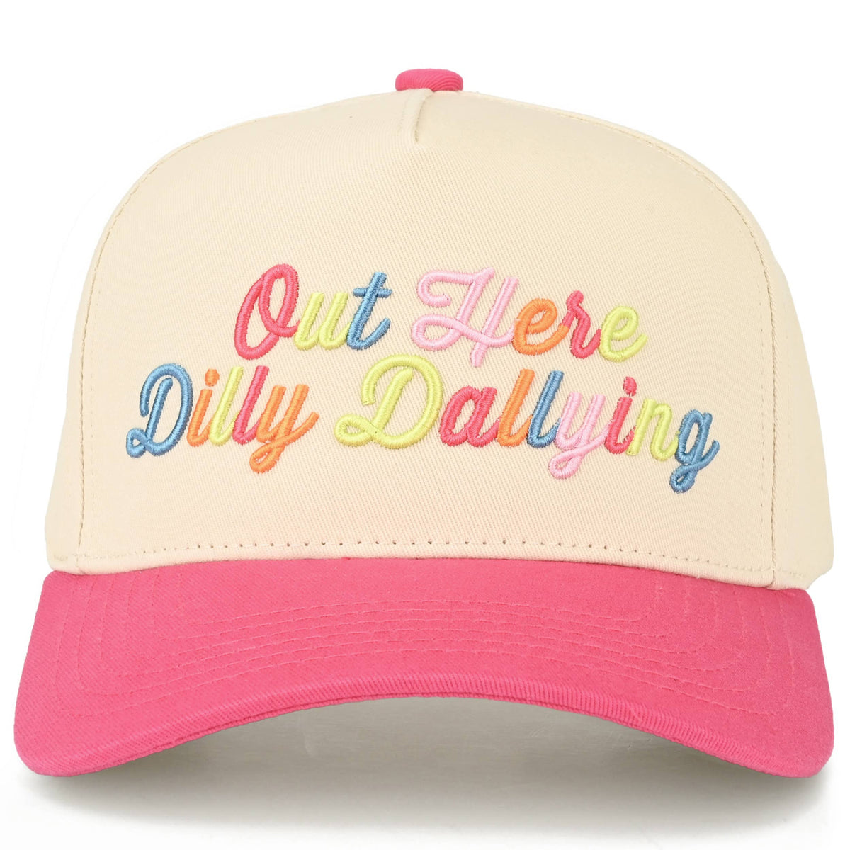 C.C OUT HERE DILLY DALLYING Letter on Two Tone Trucker Hat: Hot Pink