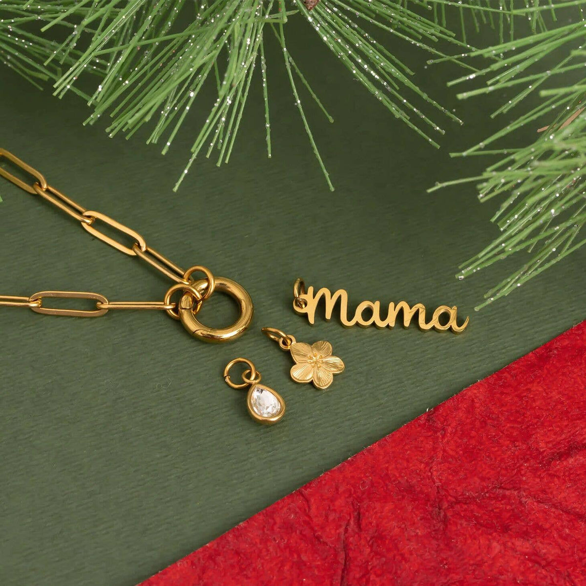 18K Gold Stainless Steel Mama Charm Holder Necklace Gift Set: Gold
