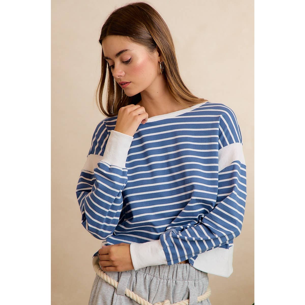 STRIPE OPEN BACK LONG SLEEVES TOP: HUNTER/IVORY