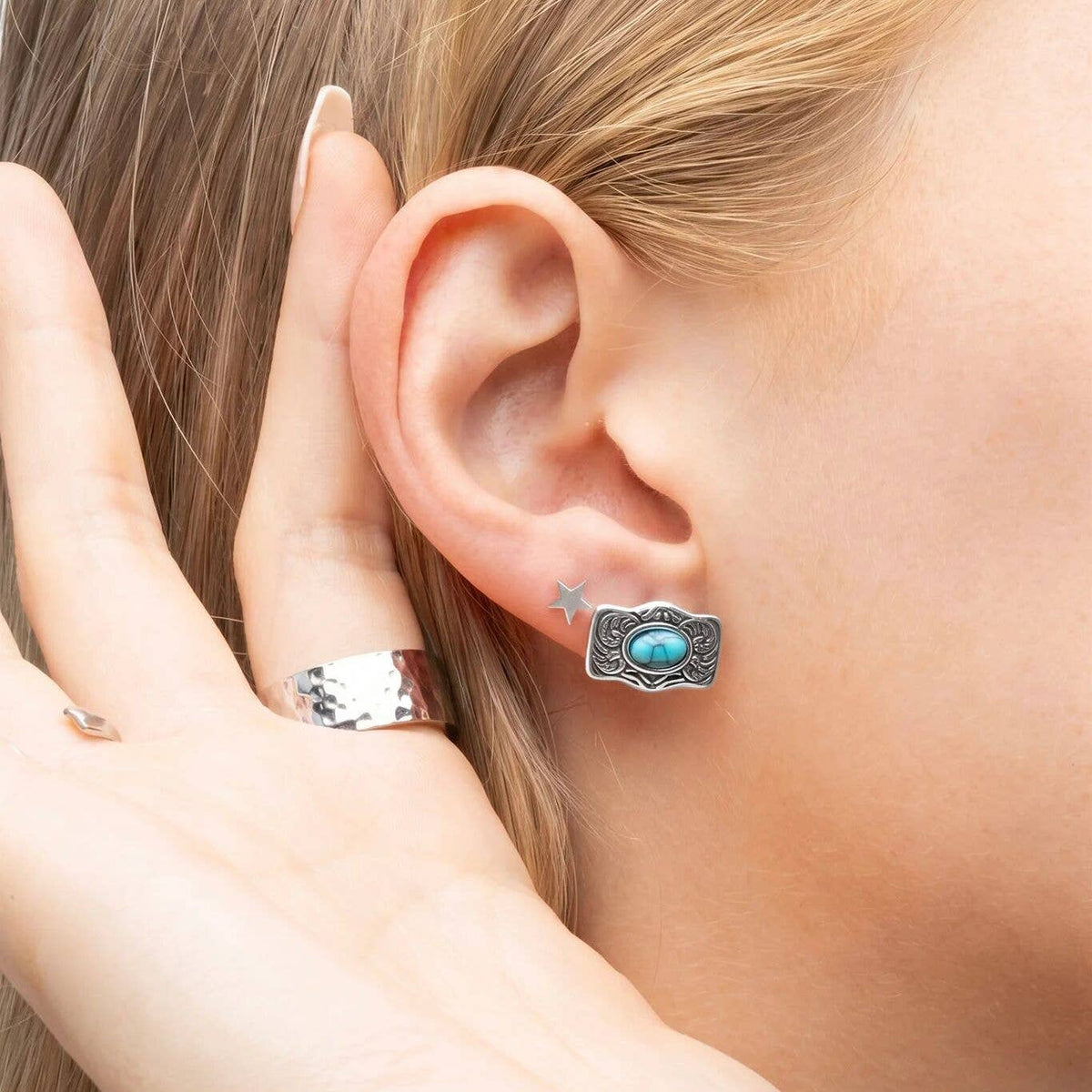 Gold Stainless Steel Turquoise Stone Buckle Stud Earrings: Gold
