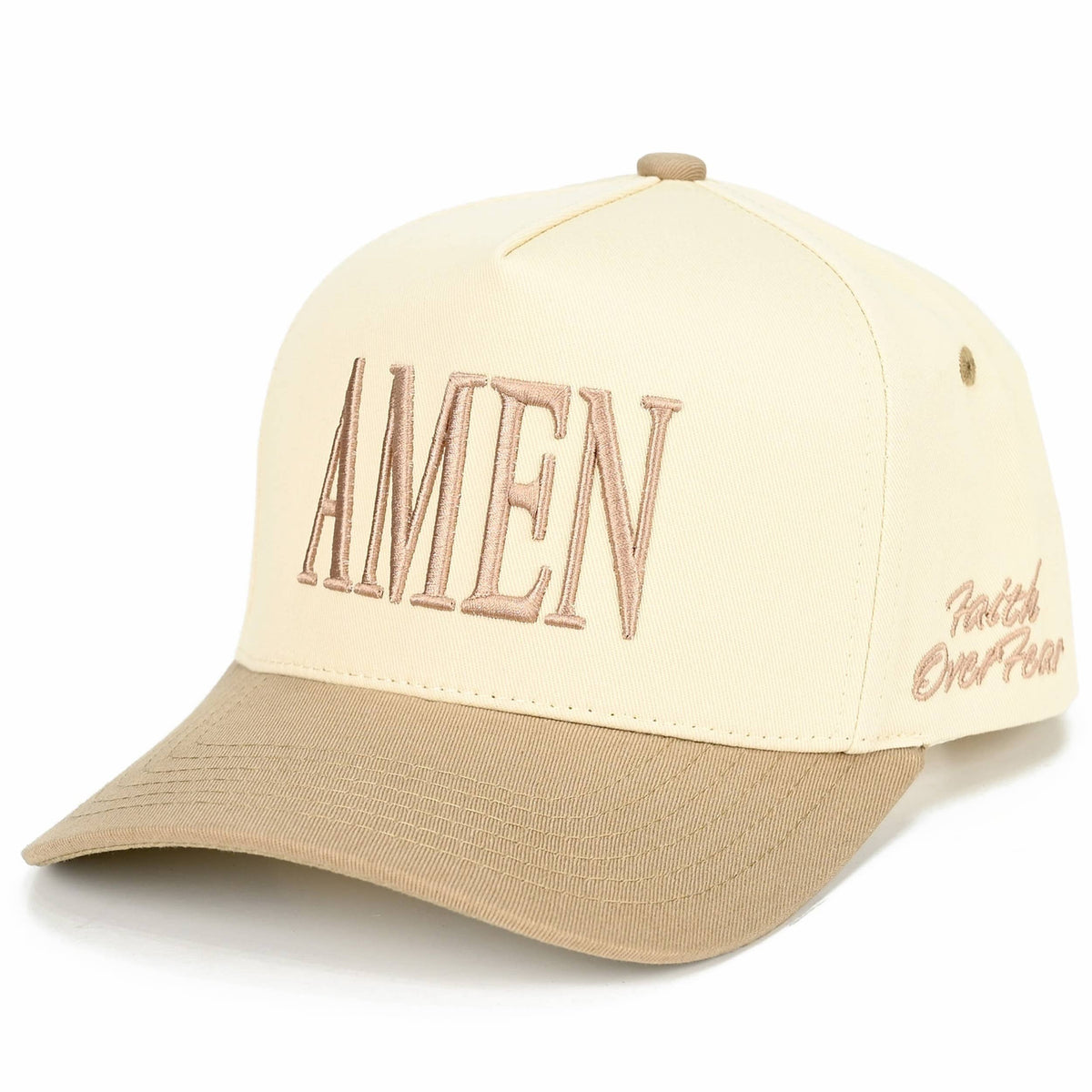 C.C AMEN Embroidered Letter Two Tone Trucker Hat: Beige
