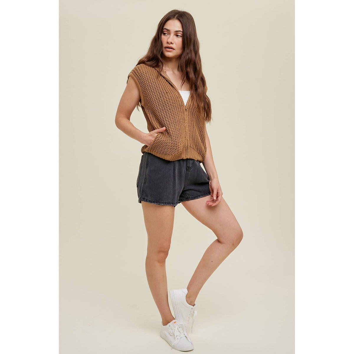 SWEATER HOODED VEST WITH SIDE POCKETS