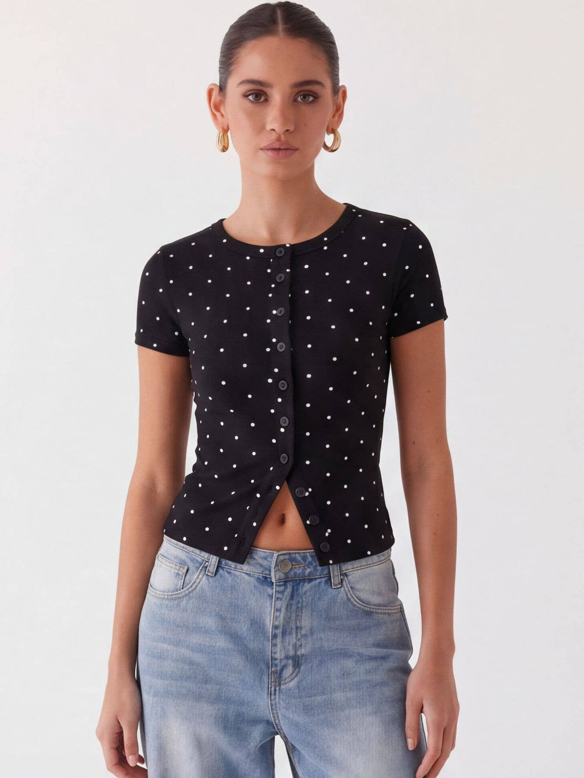Ribbed Polka Dot Fitted Short Sleeve T-Shirt: Red