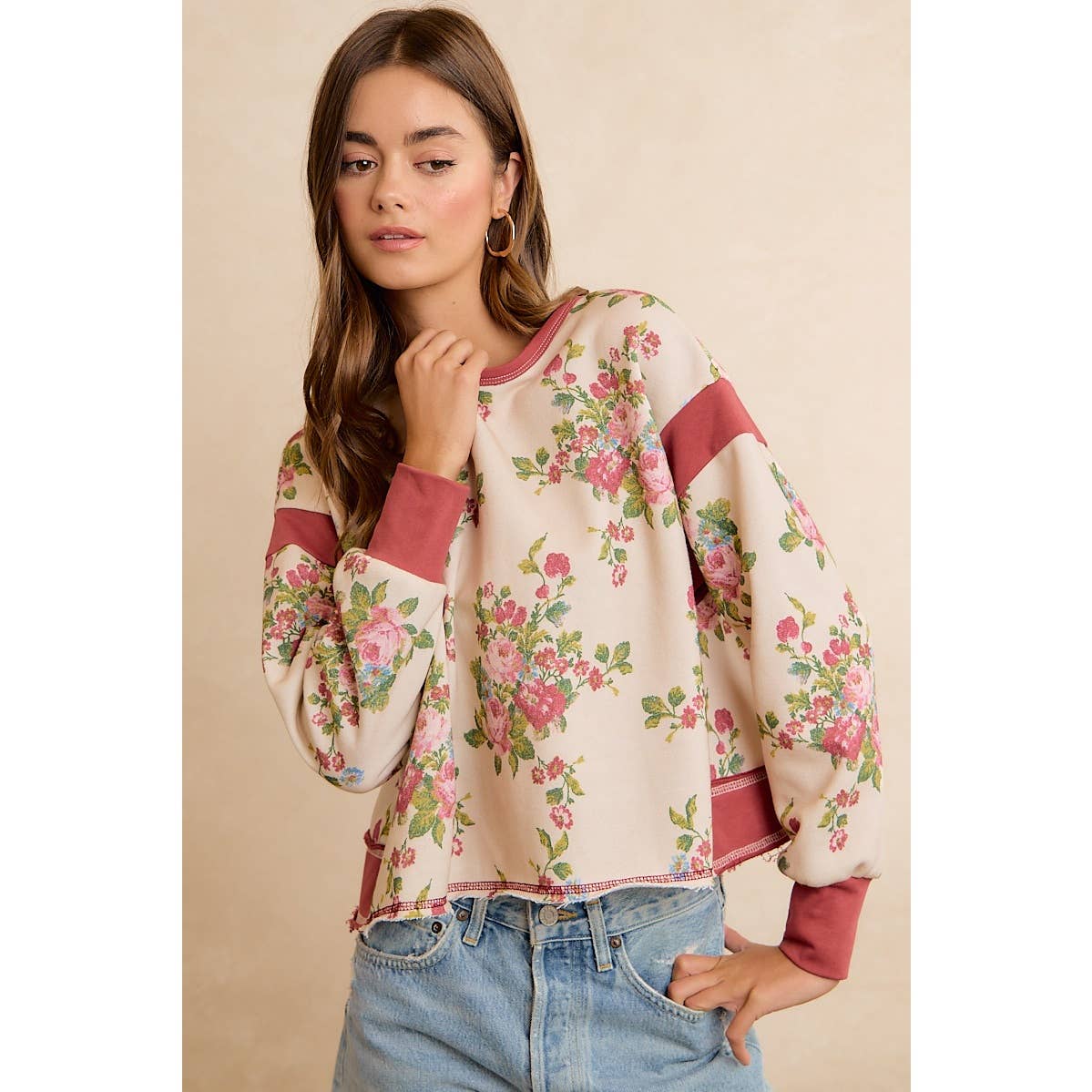 FLORAL BRUSHED TERRY OPEN BACK LONG SLEEVE