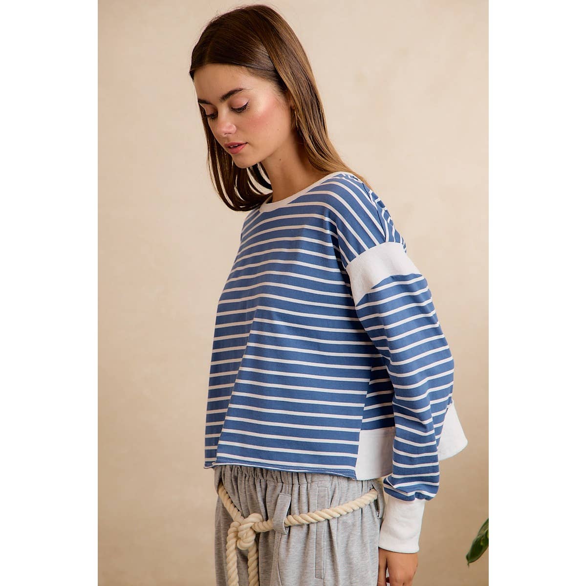 STRIPE OPEN BACK LONG SLEEVES TOP: HUNTER/IVORY